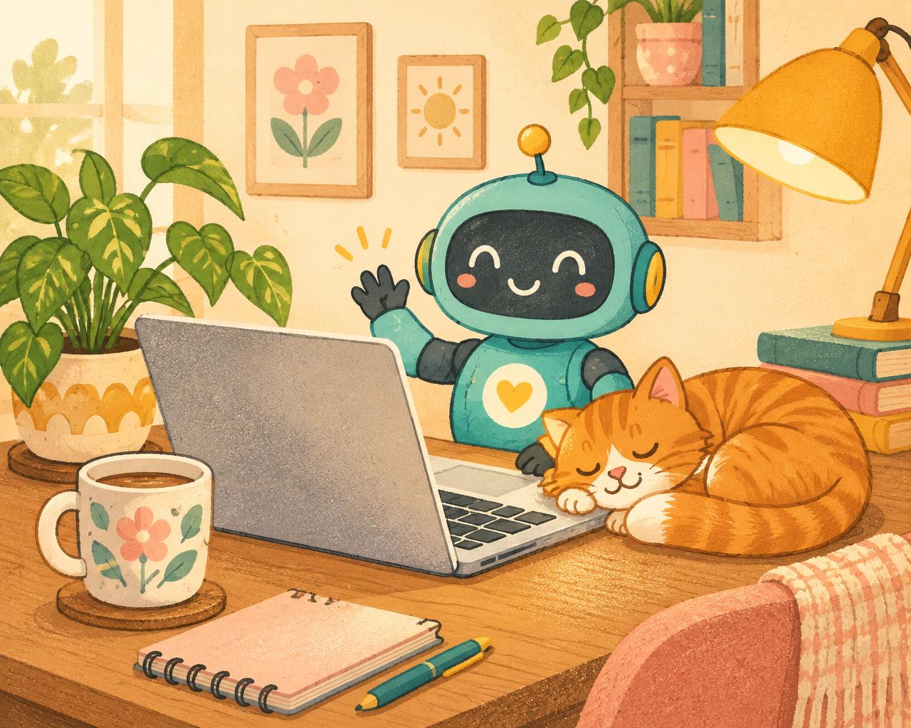 Illustration of a cosy desk with a waving teal robot and a ginger cat asleep by the laptop